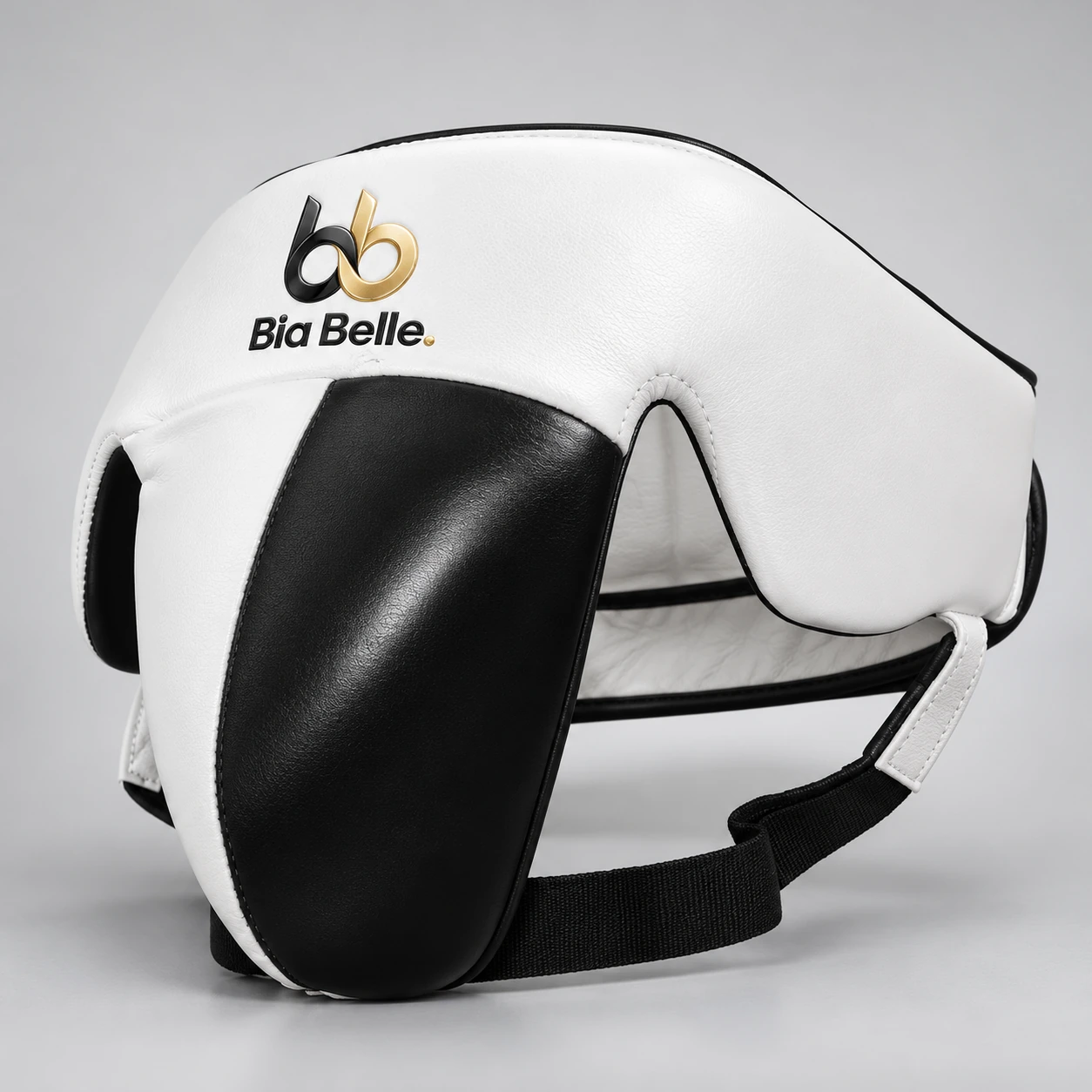 Monochrome headguard — White crown · black cheek panels · open face