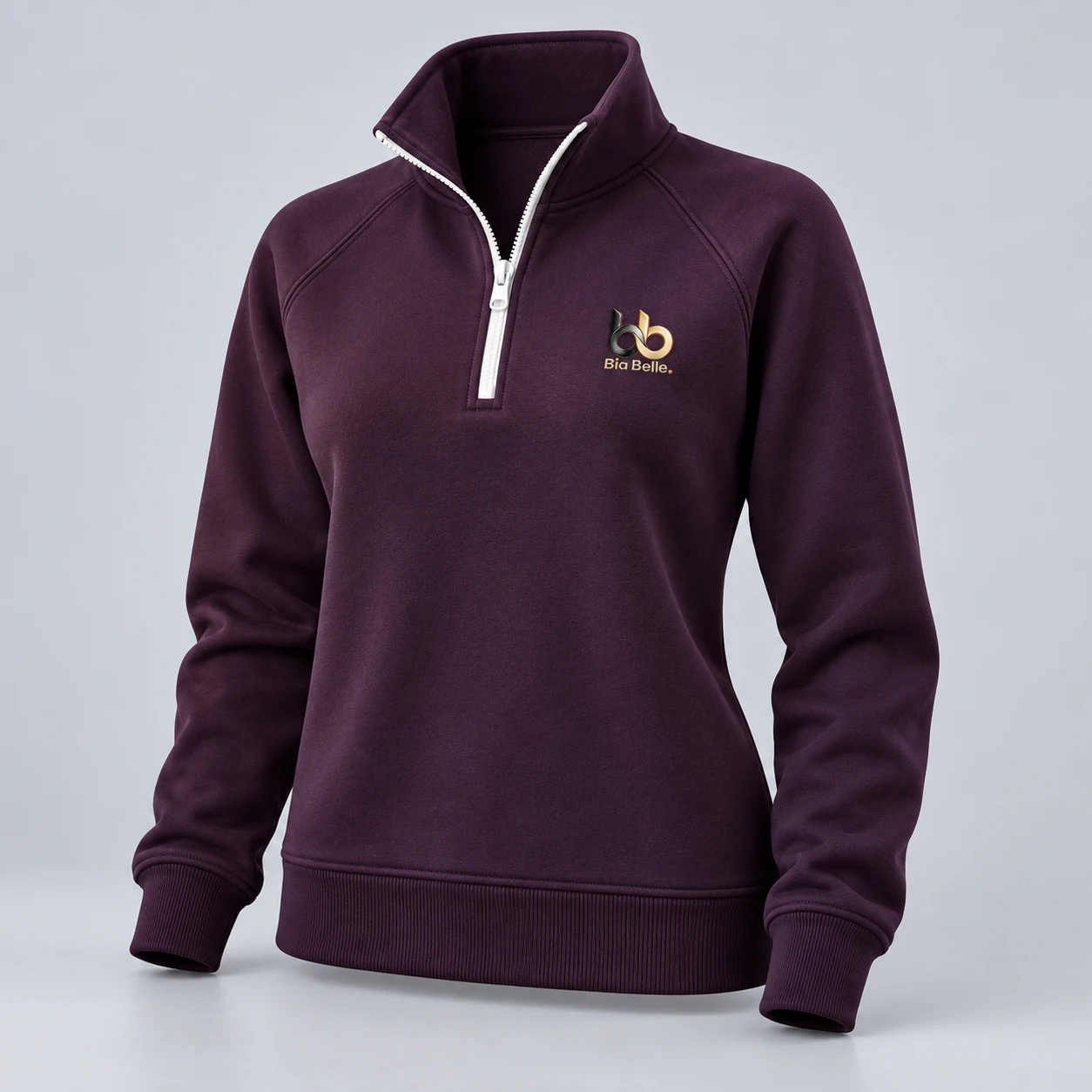 Quarter-zip sweatshirt — midnight aubergine with ivory WHITE quarter zipper