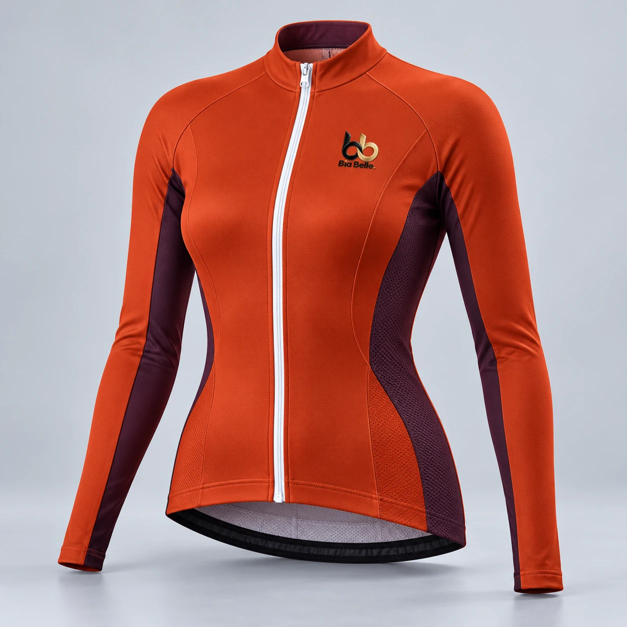 Long-sleeve cycling jersey — burnt vermilion with deep plum side panels and white zipper
