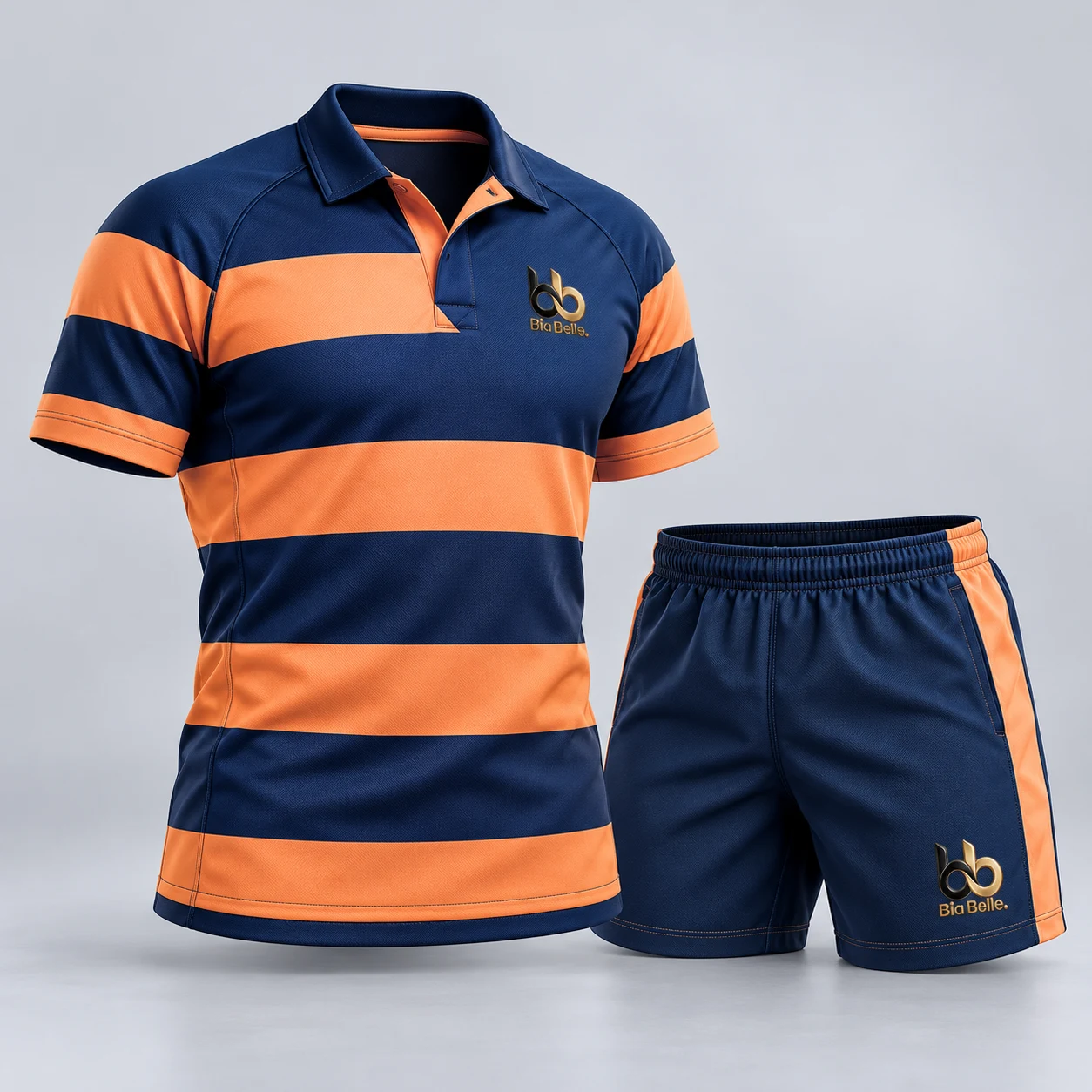 Rugby Kit 4 — deep ocean navy with peach orange hoops