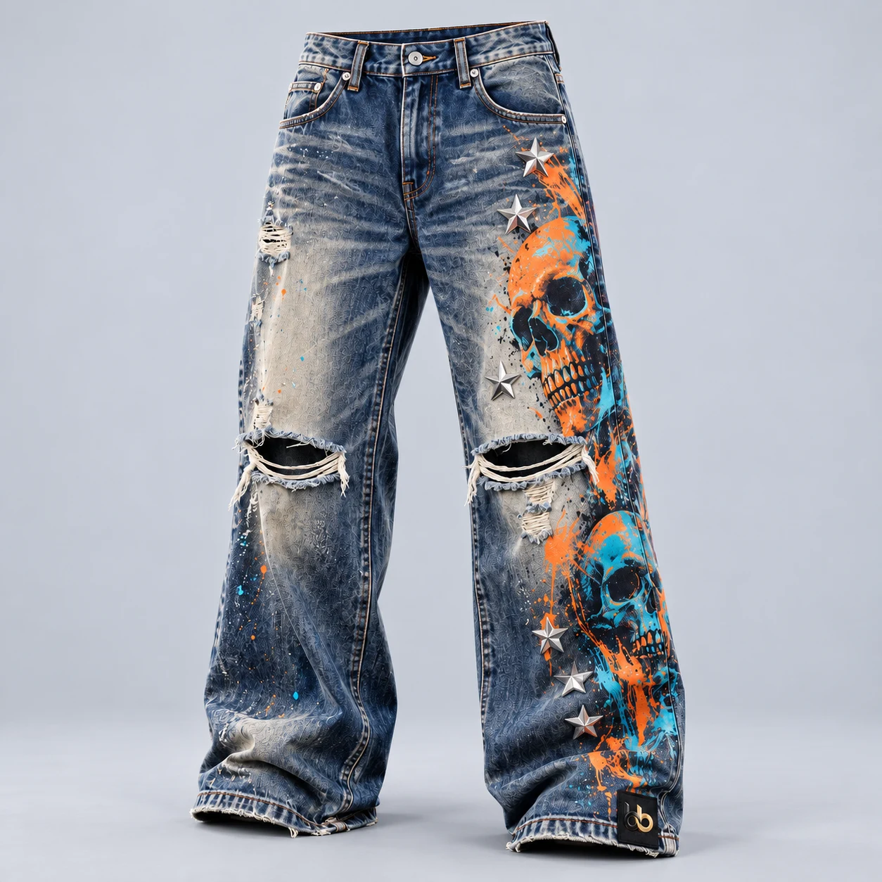 D01 Skull Wash — Faded washes, distressed cuts, pearls and statement details.