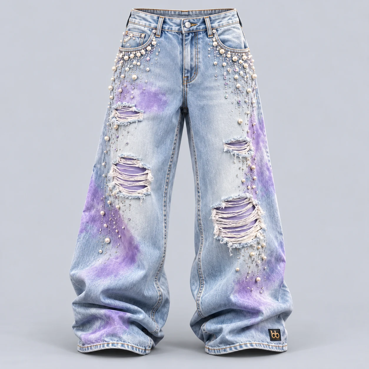D02 Pearl Cloud — Faded washes, distressed cuts, pearls and statement details.