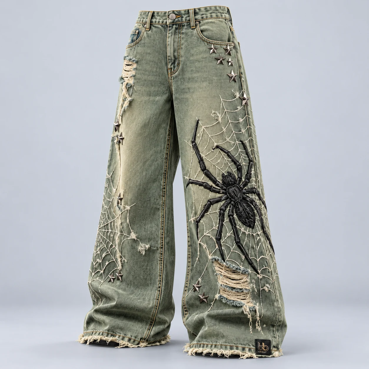 D04 Spider Fade — Faded washes, distressed cuts, pearls and statement details.