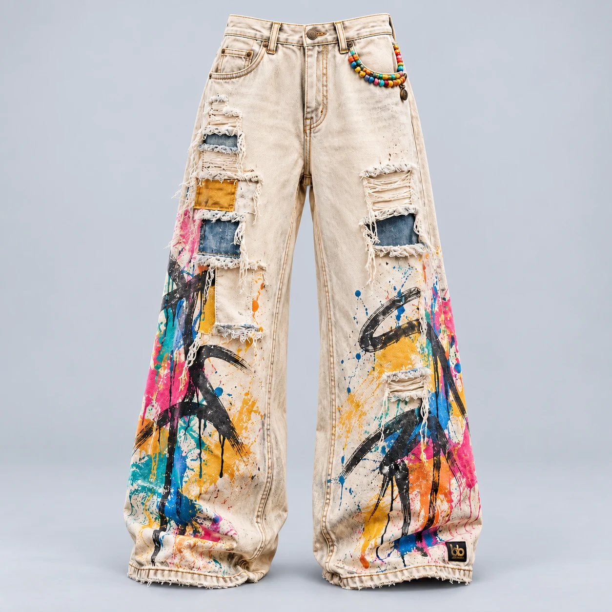 D05 Rainbow Rips — Faded washes, distressed cuts, pearls and statement details.