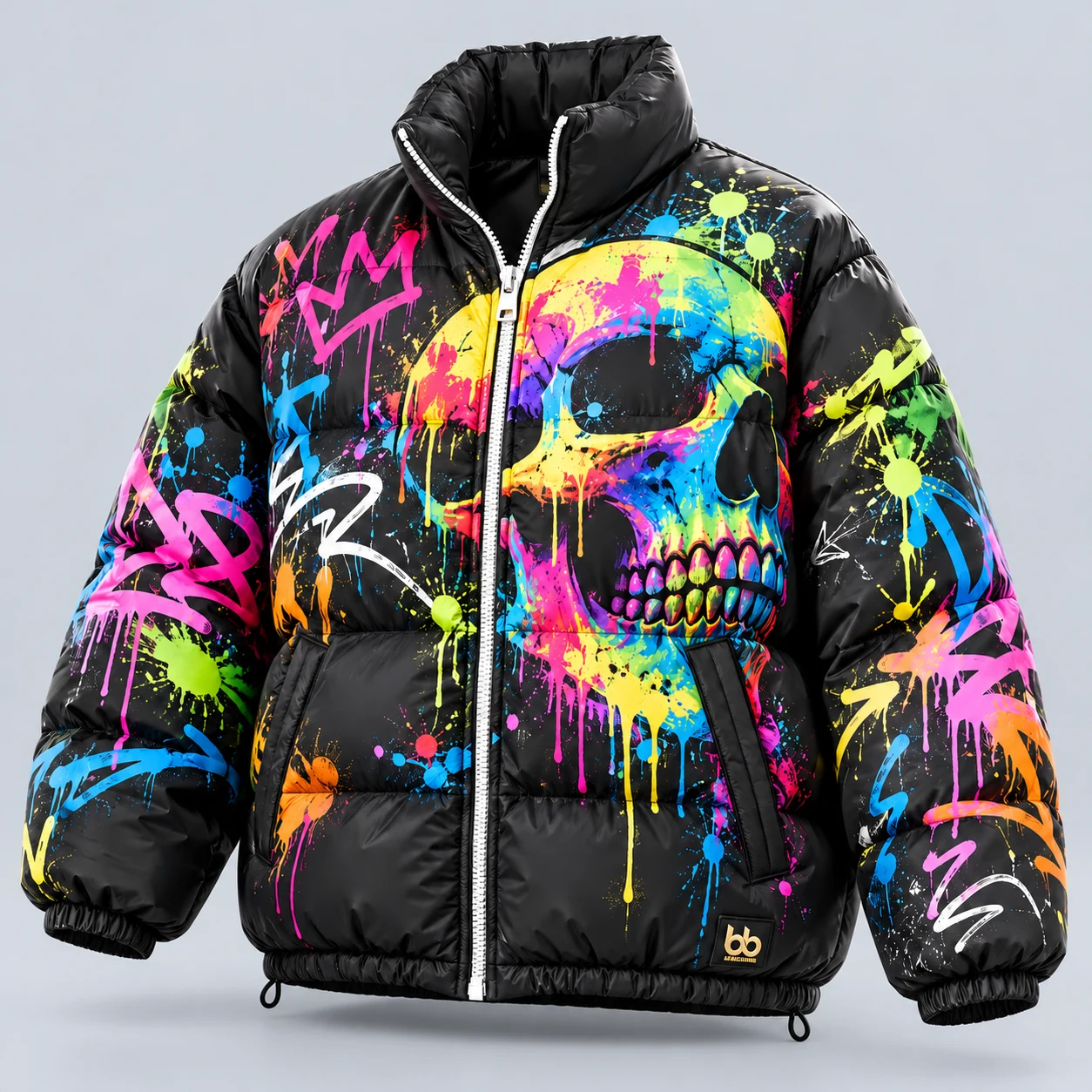 J01 Neon Skull Puffer — Voluminous jackets with original colourful artwork.