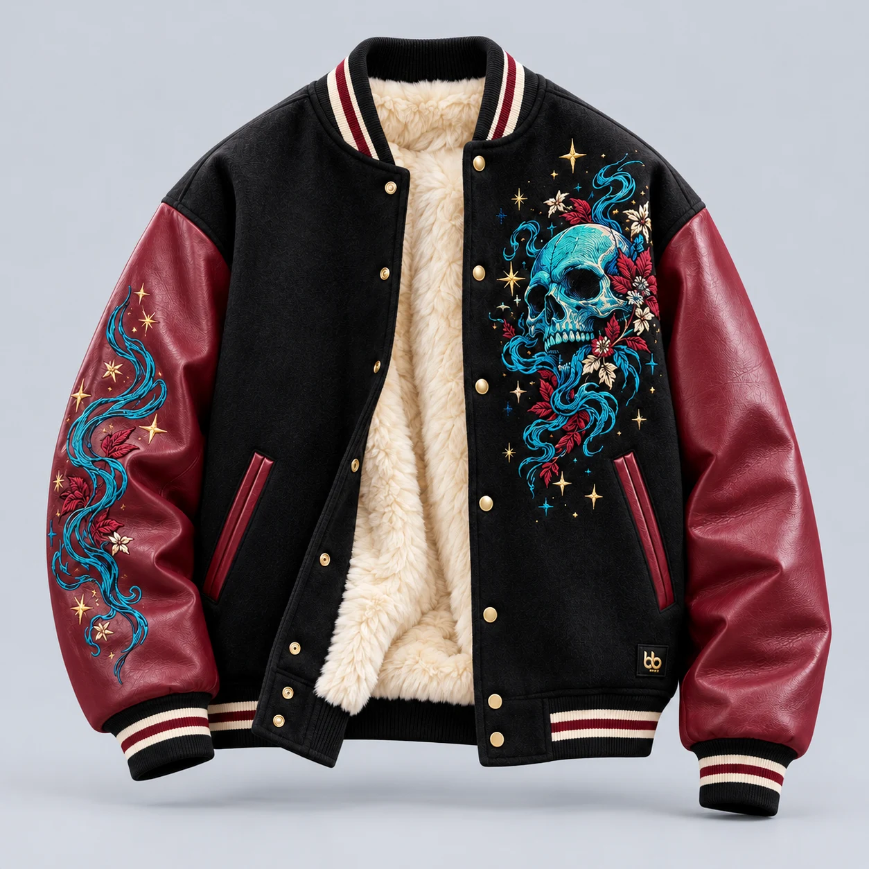 V01 Skull Varsity — Faux-fur lining with leather sleeves, custom artwork and finishing.