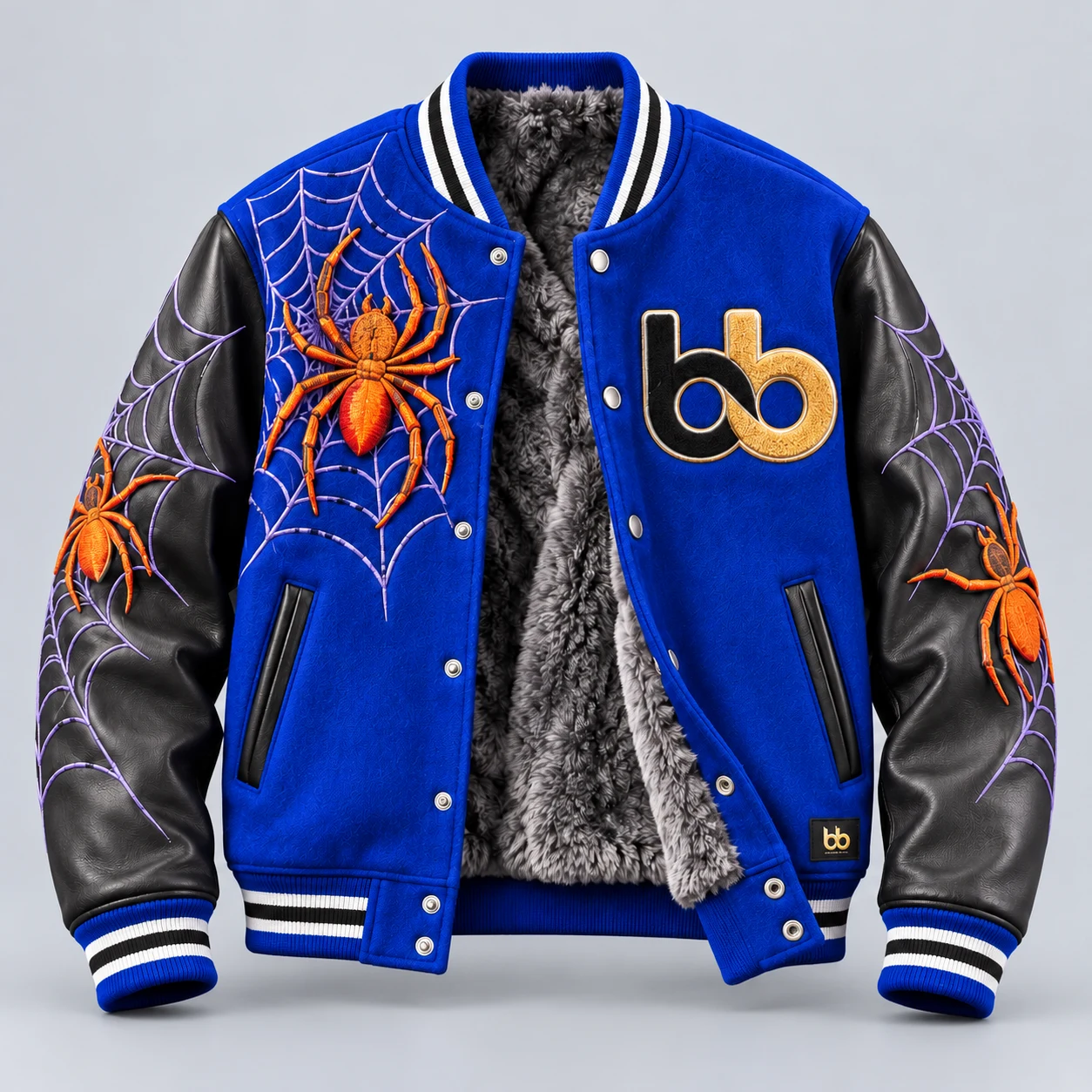 V03 Spider Varsity — Faux-fur lining with leather sleeves, custom artwork and finishing.