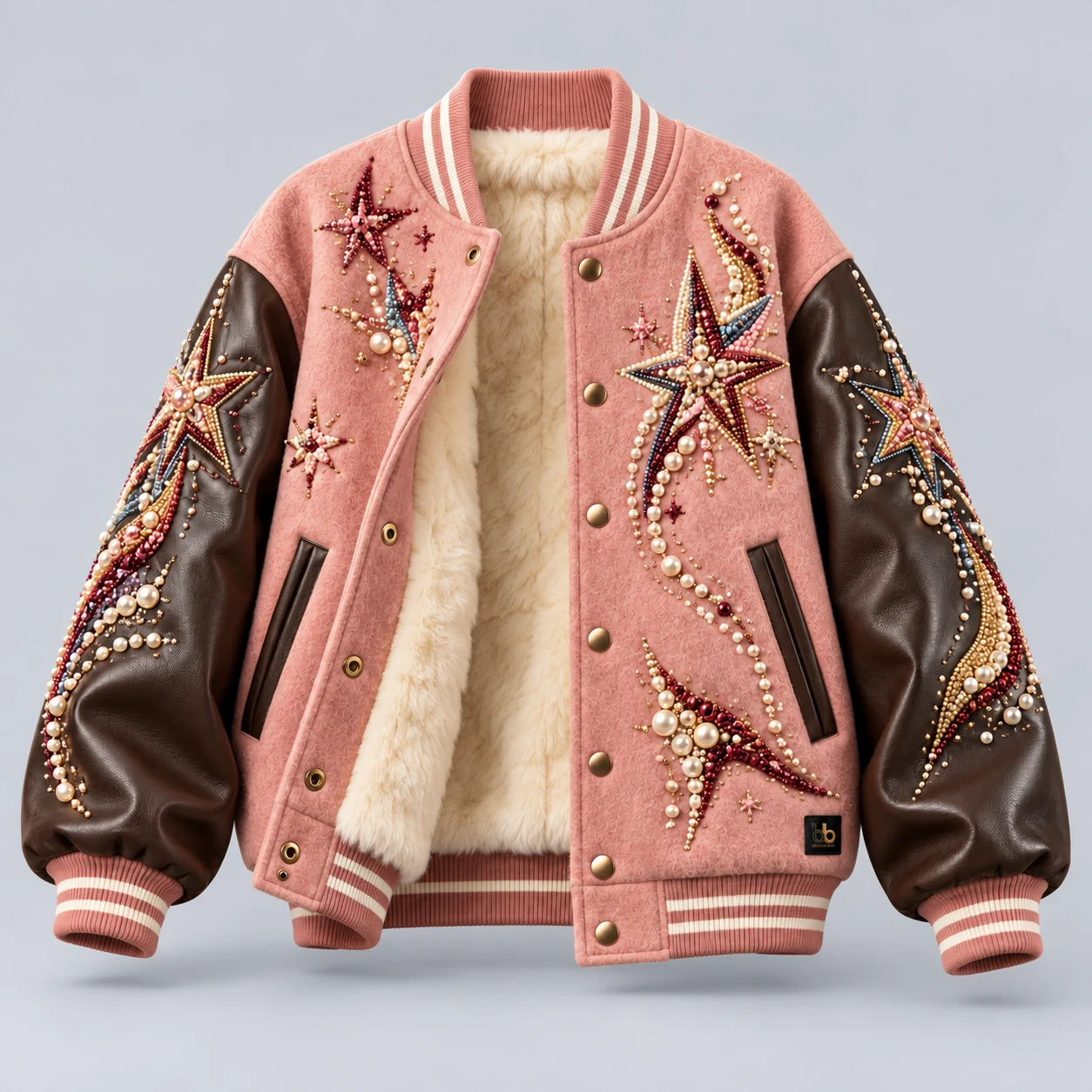 V04 Pearl Varsity — Faux-fur lining with leather sleeves, custom artwork and finishing.