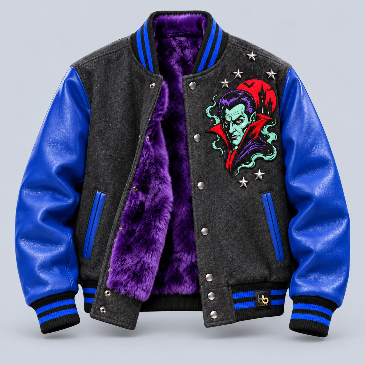 V05 Dracula Varsity — Faux-fur lining with leather sleeves, custom artwork and finishing.