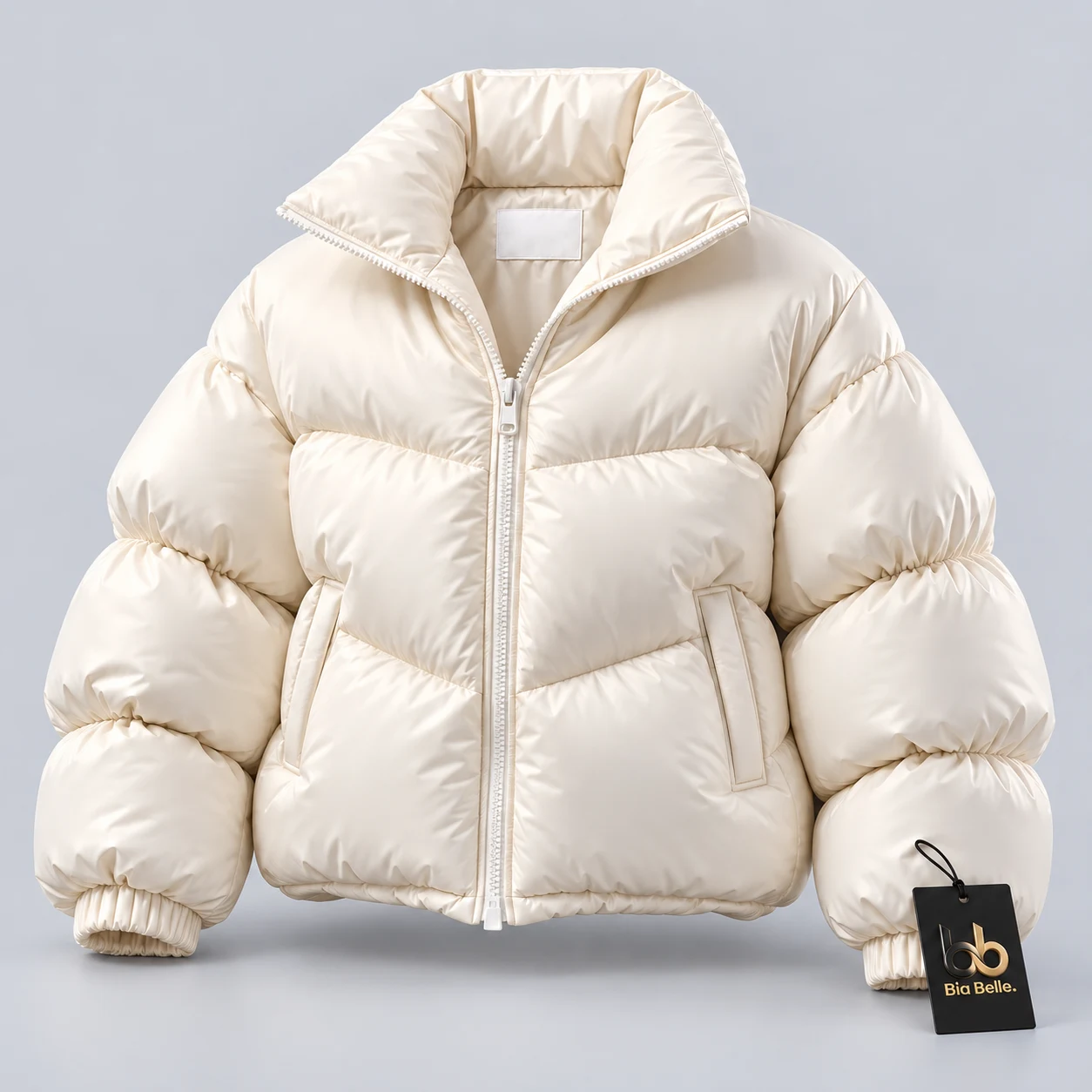 W04 Blank Puffer — Blank garment labels and removable Bia Belle swing tags for your brand.